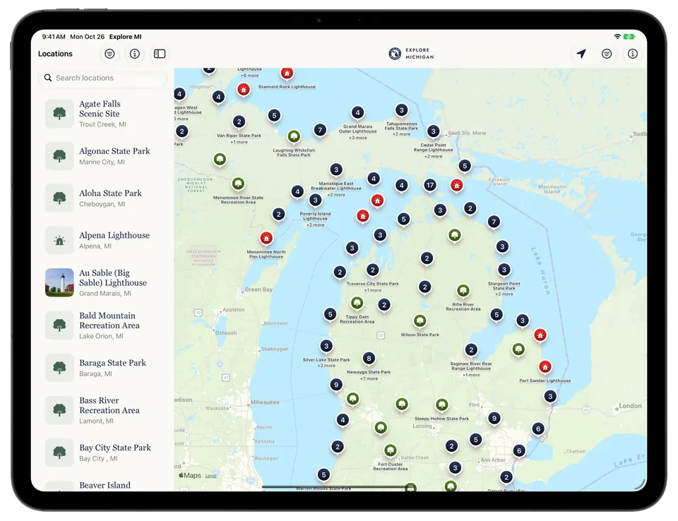iPad preview with the destination list beside a map of Michigan.