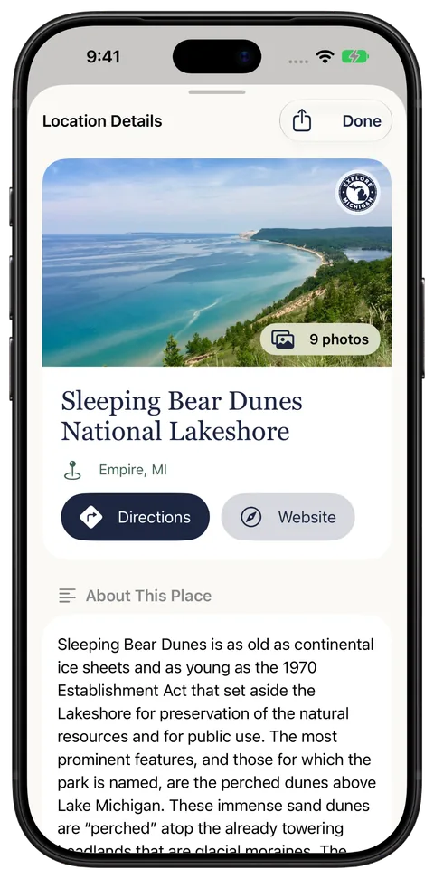 iPhone preview showing Sleeping Bear Dunes photos, destination details, Directions and Website actions.